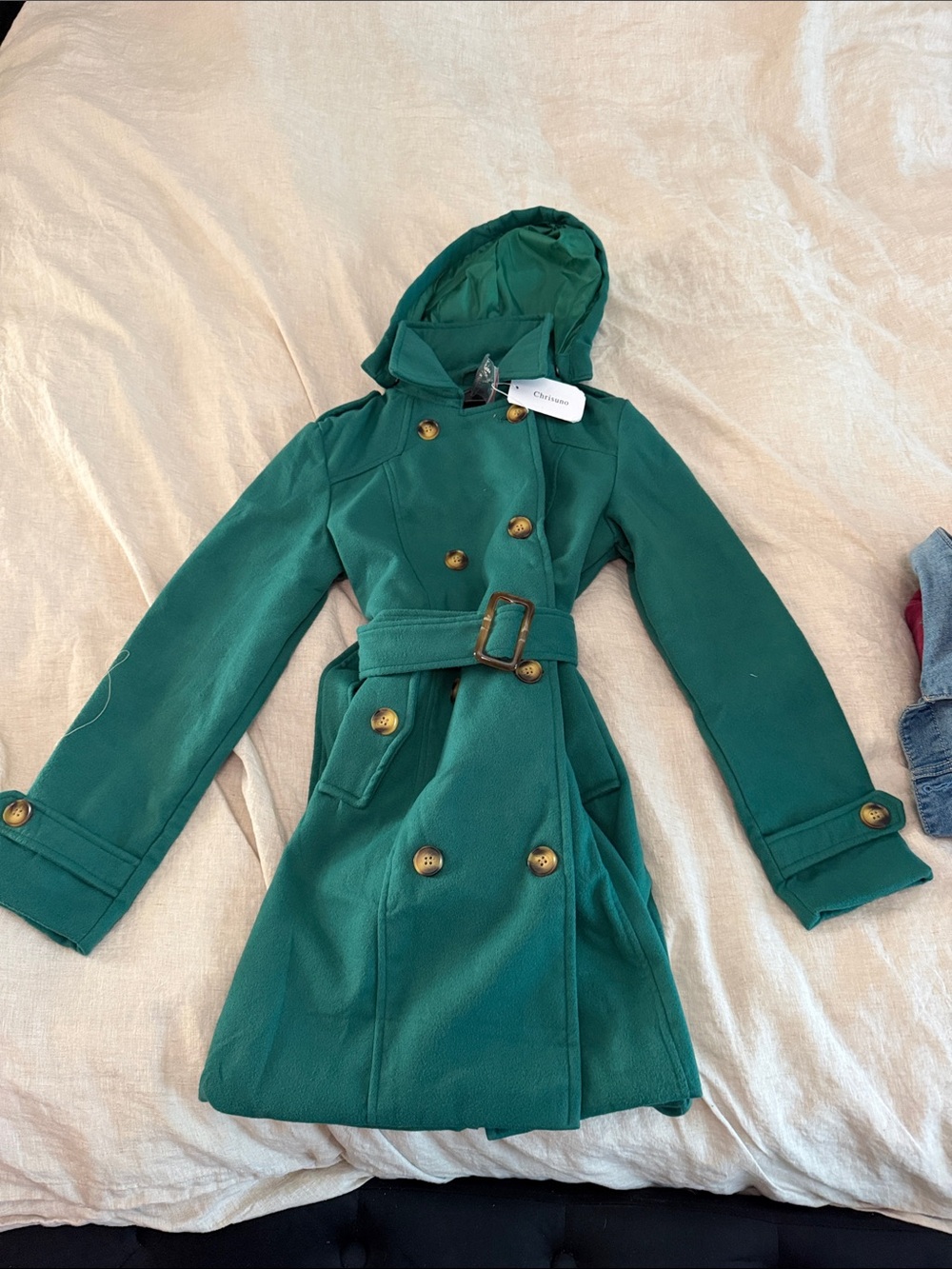 Girls' Hooded Double-Breasted Pea Coat in Emerald Green